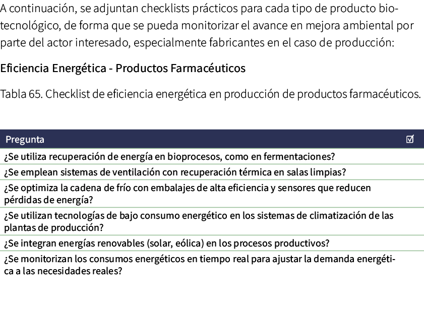 A continuaci n, se adjuntan checklists pr cticos para cada tipo de producto biotecnol gico, de forma que se pueda mon...