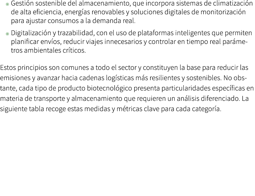 ◉ Gesti n sostenible del almacenamiento, que incorpora sistemas de climatizaci n de alta eficiencia, energ as renovab...