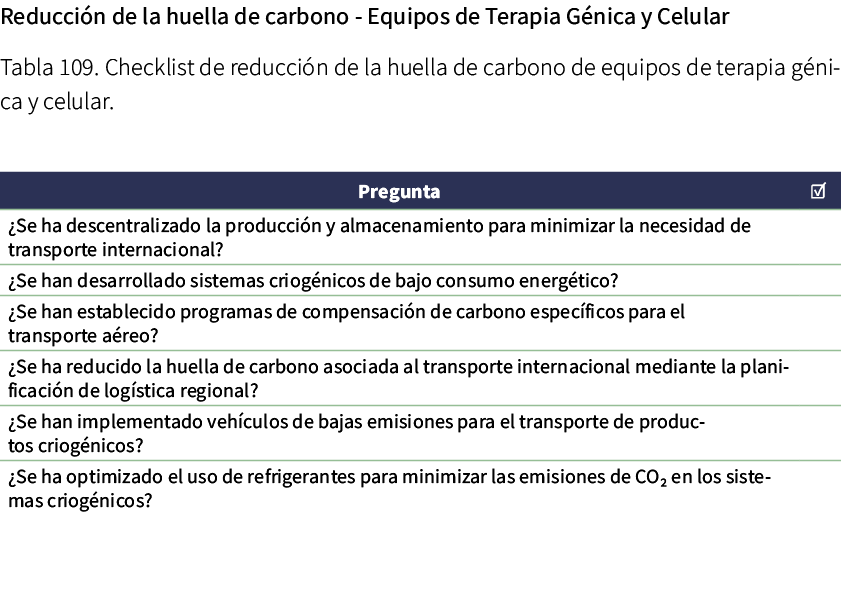 Reducci n de la huella de carbono Equipos de Terapia G nica y Celular Tabla 109. Checklist de reducci n de la huella ...