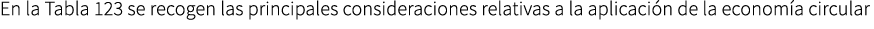 En la Tabla 123 se recogen las principales consideraciones relativas a la aplicaci n de la econom a circular 