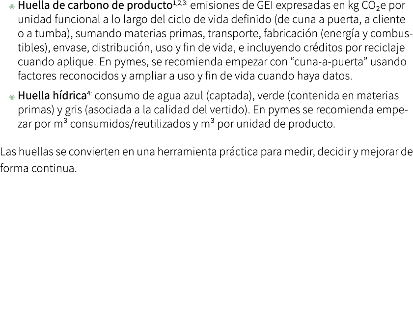 ◉ Huella de carbono de producto , , : emisiones de GEI expresadas en kg CO₂e por unidad funcional a lo largo del cicl...