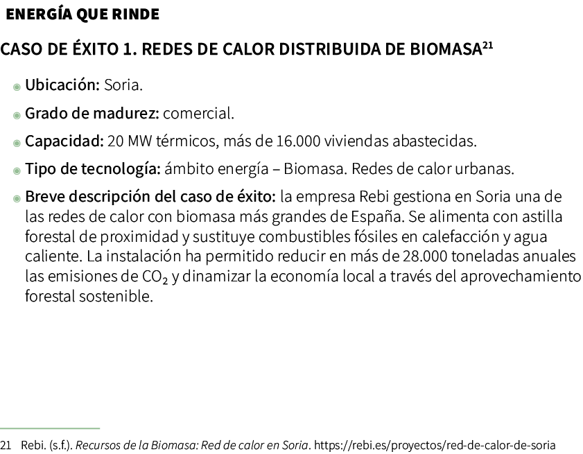  Caso de xito 1. Redes de calor distribuida de biomasa ◉ Ubicaci n: Soria. ◉ Grado de madurez: comercial. ◉ Capacida...