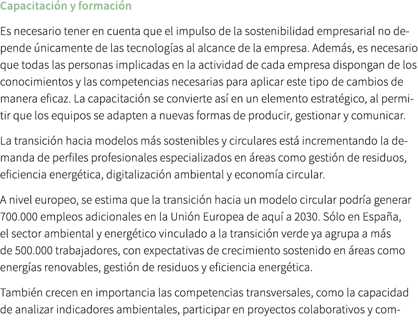 Capacitaci n y formaci n Es necesario tener en cuenta que el impulso de la sostenibilidad empresarial no depende nic...