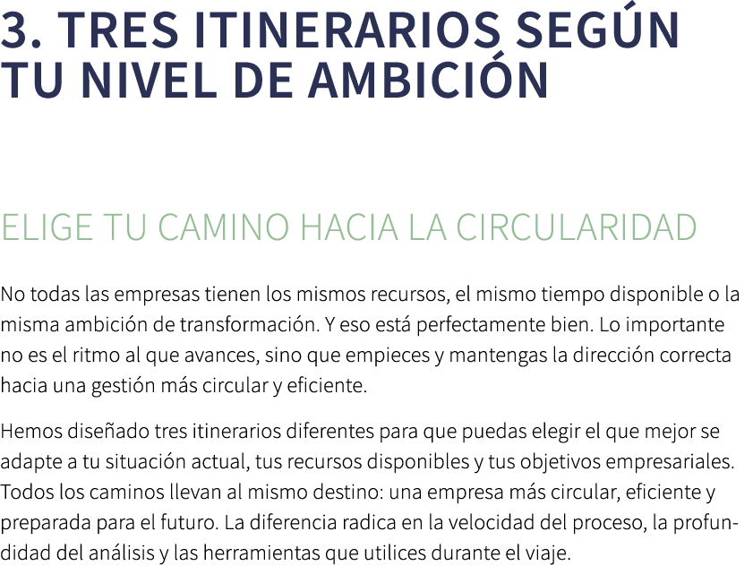 3. Tres itinerarios seg n tu nivel de ambici n Elige tu camino hacia la circularidad No todas las empresas tienen los...