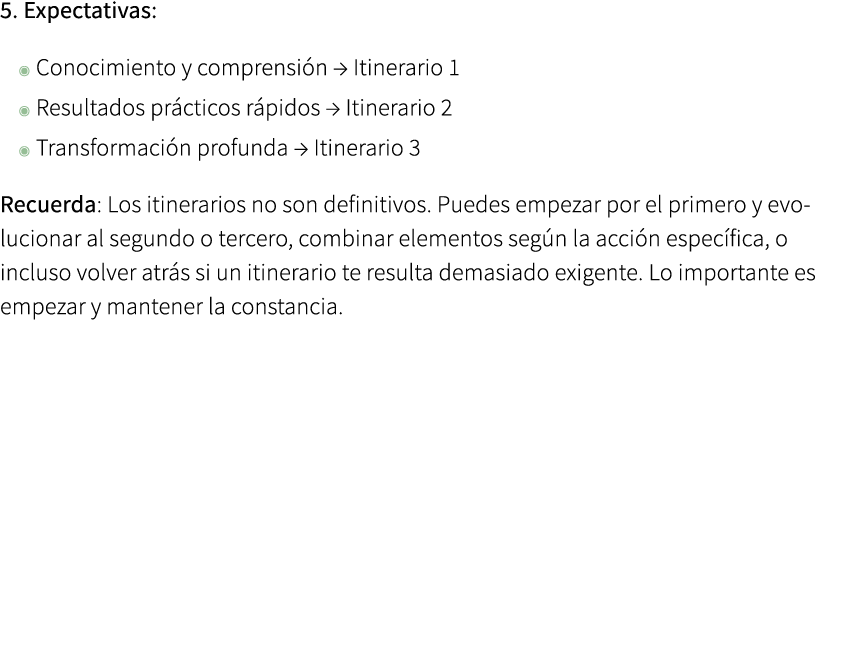 5. Expectativas: ◉ Conocimiento y comprensi n → Itinerario 1 ◉ Resultados pr cticos r pidos → Itinerario 2 ◉ Transfor...