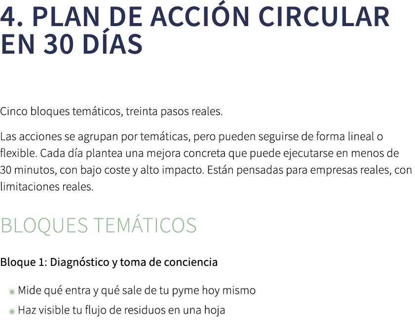 4. Plan de acci n circular en 30 d as Cinco bloques tem ticos, treinta pasos reales. Las acciones se agrupan por tem ...