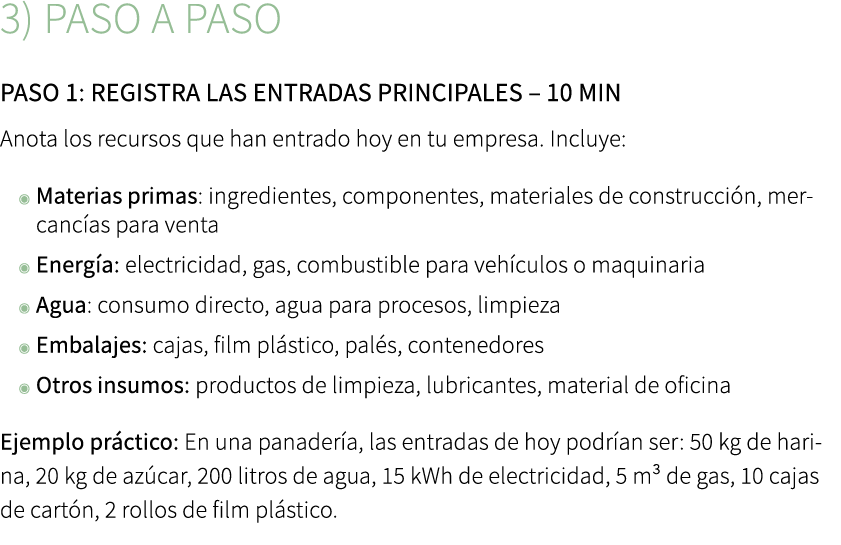 3) Paso a paso ﻿Paso 1: Registra las entradas principales – 10 min Anota los recursos que han entrado hoy en tu empre...