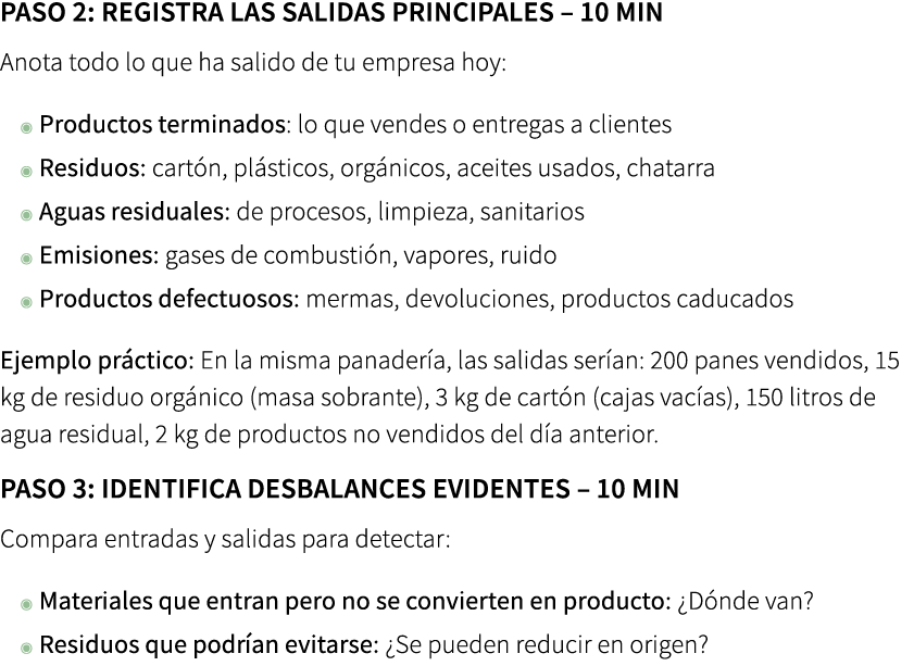 Paso 2: Registra las salidas principales – 10 min Anota todo lo que ha salido de tu empresa hoy: ◉ Productos termina...