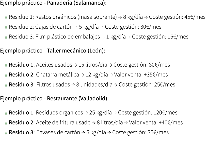 Ejemplo pr ctico Panader a (Salamanca): ◉ Residuo 1: Restos org nicos (masa sobrante) → 8 kg/d a → Coste gesti n: 45€...