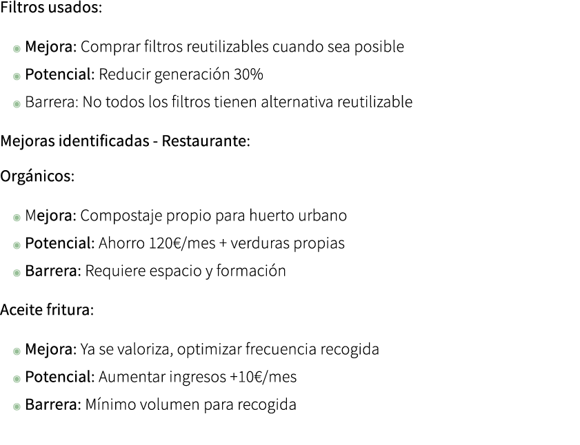 Filtros usados: ◉ Mejora: Comprar filtros reutilizables cuando sea posible ◉ Potencial: Reducir generaci n 30% ◉ Barr...