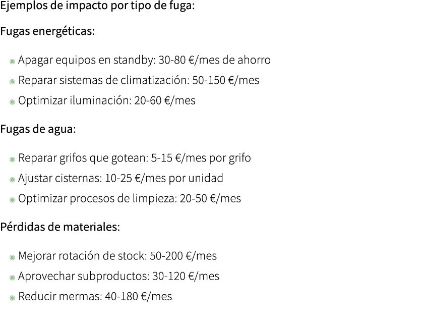 Ejemplos de impacto por tipo de fuga: Fugas energ ticas: ◉ Apagar equipos en standby: 30 80 €/mes de ahorro ◉ Reparar...