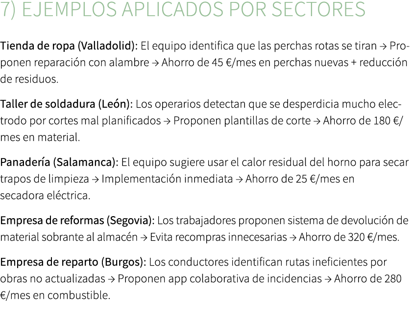 7) Ejemplos aplicados por sectores Tienda de ropa (Valladolid): El equipo identifica que las perchas rotas se tiran →...
