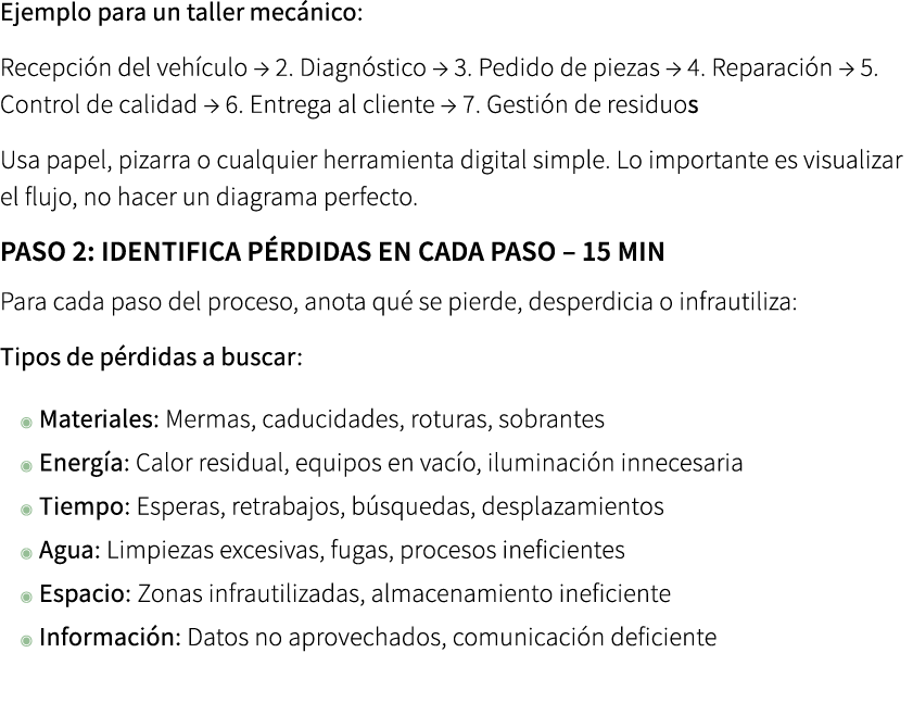 Ejemplo para un taller mec nico: Recepci n del veh culo → 2. Diagn stico → 3. Pedido de piezas → 4. Reparaci n → 5. C...