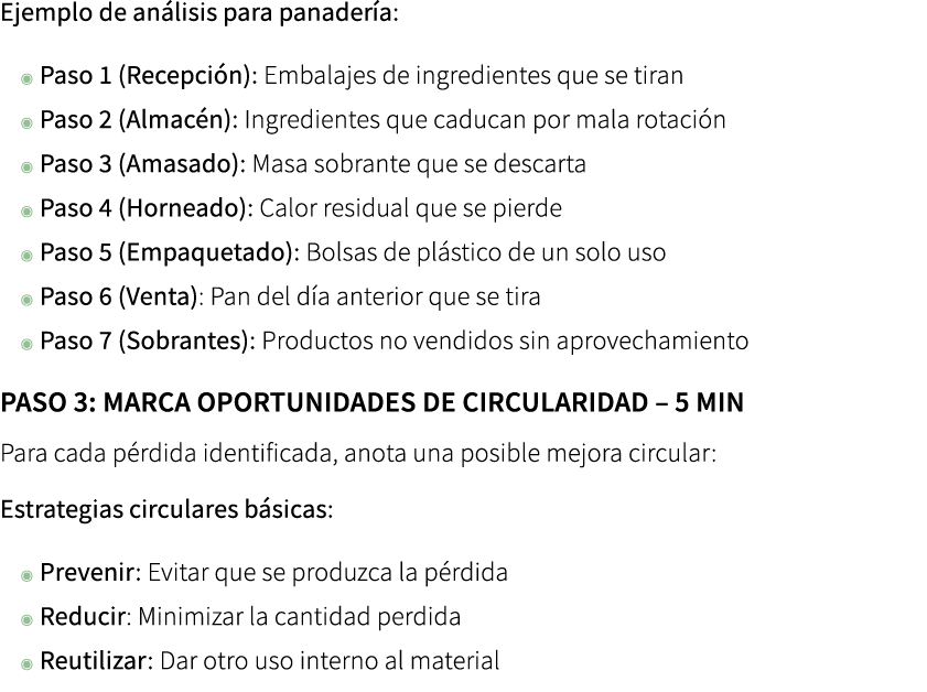 Ejemplo de an lisis para panader a: ◉ Paso 1 (Recepci n): Embalajes de ingredientes que se tiran ◉ Paso 2 (Almac n): ...