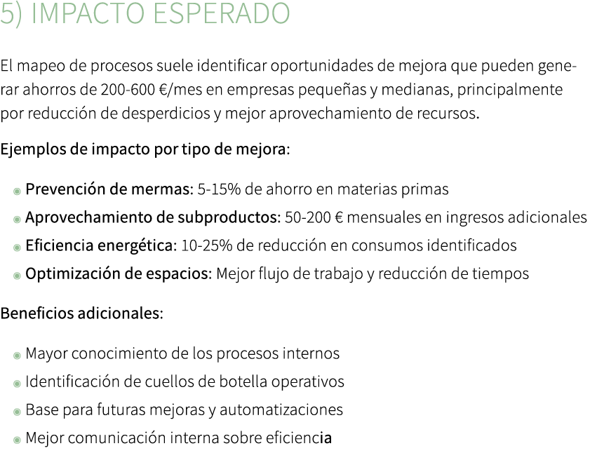 5) Impacto esperado El mapeo de procesos suele identificar oportunidades de mejora que pueden generar ahorros de 200 ...