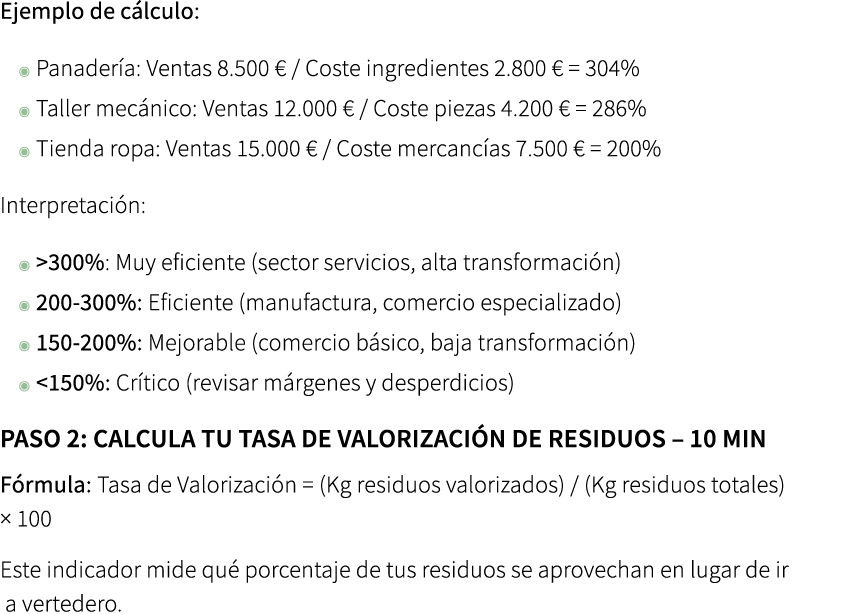 Ejemplo de c lculo: ◉ Panader a: Ventas 8.500 € / Coste ingredientes 2.800 € = 304% ◉ Taller mec nico: Ventas 12.000 ...