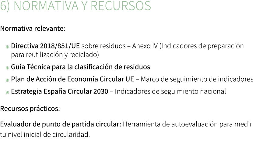 6) Normativa y recursos Normativa relevante: ◉ Directiva 2018/851/UE sobre residuos – Anexo IV (Indicadores de prepar...