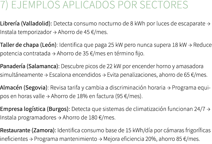 7) Ejemplos aplicados por sectores Librer a (Valladolid): Detecta consumo nocturno de 8 kWh por luces de escaparate →...