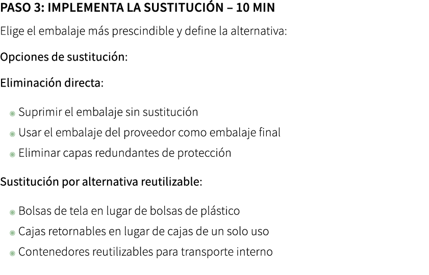 Paso 3: Implementa la sustituci n – 10 min Elige el embalaje m s prescindible y define la alternativa: Opciones de s...