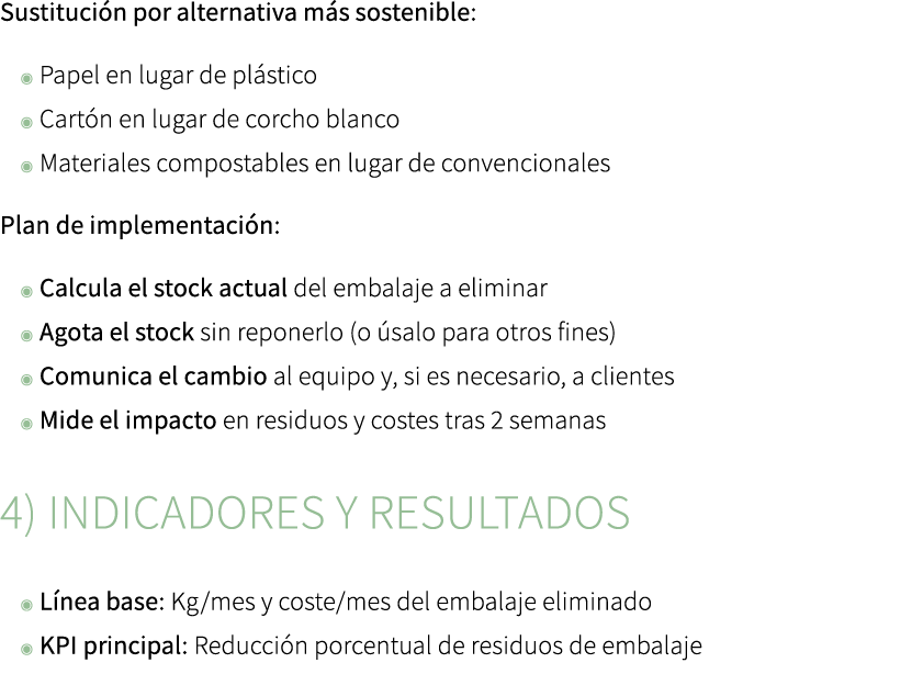 Sustituci n por alternativa m s sostenible: ◉ Papel en lugar de pl stico ◉ Cart n en lugar de corcho blanco ◉ Materia...