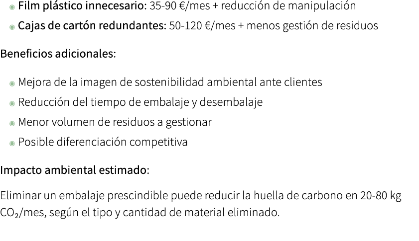 ◉ Film pl stico innecesario: 35 90 €/mes + reducci n de manipulaci n ◉ Cajas de cart n redundantes: 50 120 €/mes + me...
