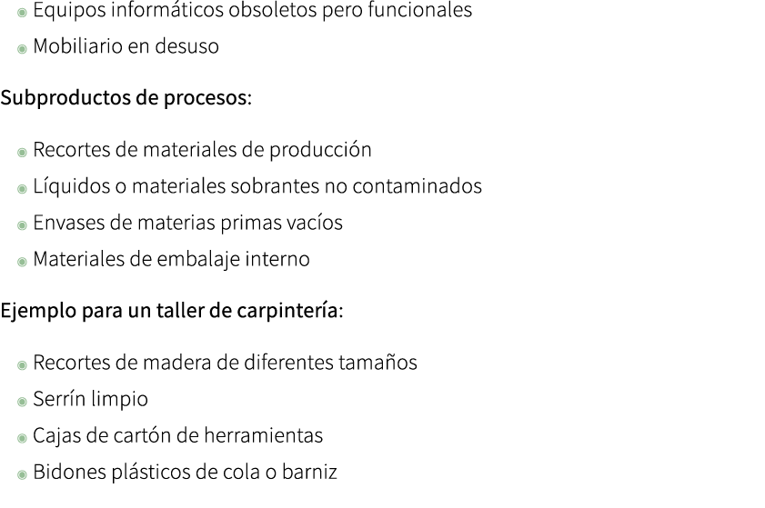 ◉ Equipos inform ticos obsoletos pero funcionales ◉ Mobiliario en desuso Subproductos de procesos: ◉ Recortes de mate...