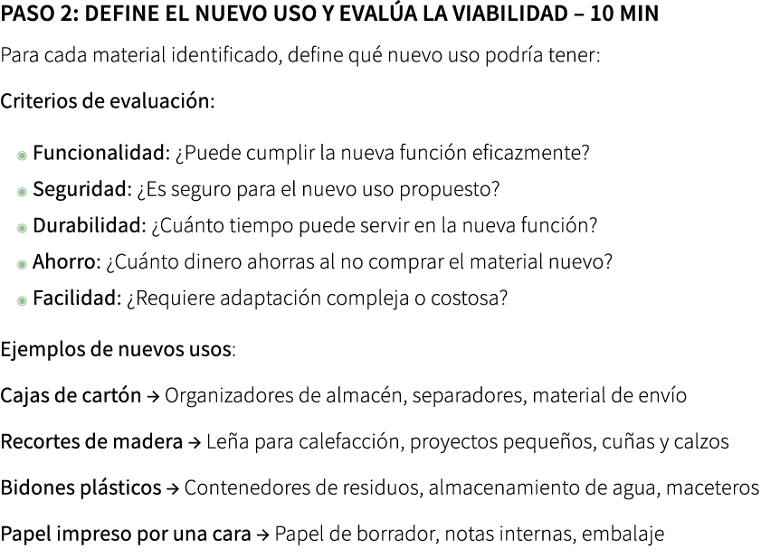 Paso 2: Define el nuevo uso y eval a la viabilidad – 10 min Para cada material identificado, define qu nuevo uso po...
