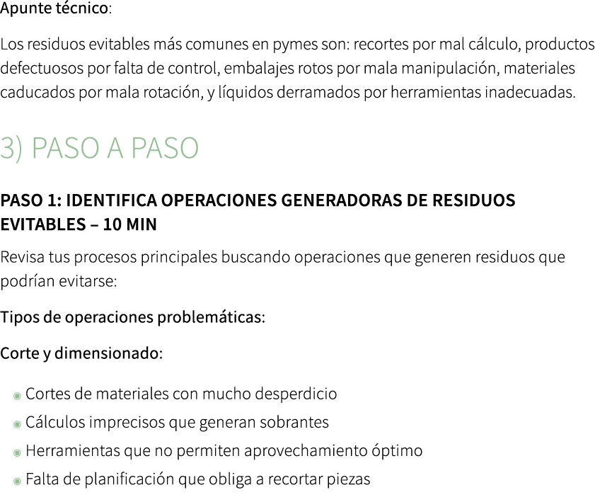 Apunte t cnico: Los residuos evitables m s comunes en pymes son: recortes por mal c lculo, productos defectuosos por ...