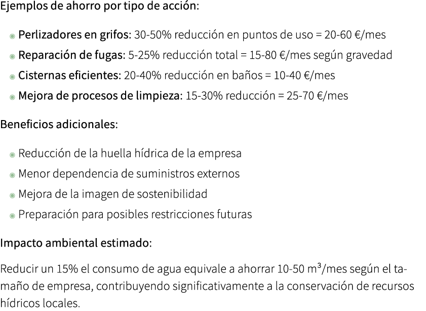 Ejemplos de ahorro por tipo de acci n: ◉ Perlizadores en grifos: 30 50% reducci n en puntos de uso = 20 60 €/mes ◉ Re...