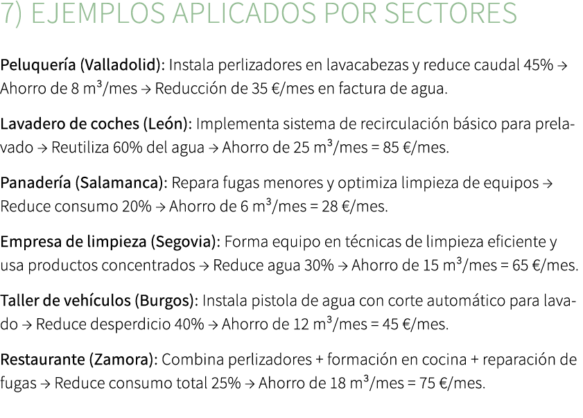 7) Ejemplos aplicados por sectores Peluquer a (Valladolid): Instala perlizadores en lavacabezas y reduce caudal 45% →...