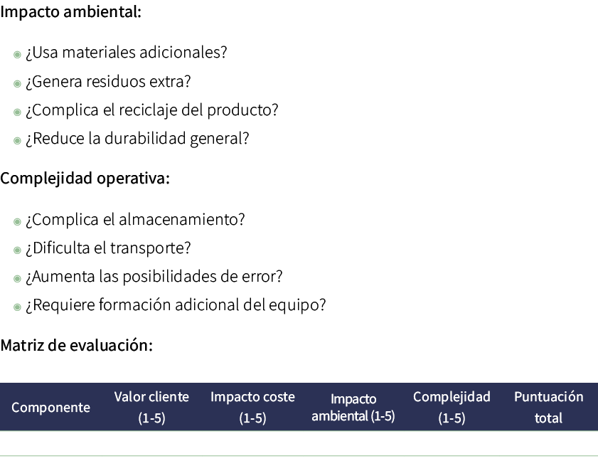 Impacto ambiental: ◉ ¿Usa materiales adicionales? ◉ ¿Genera residuos extra? ◉ ¿Complica el reciclaje del producto? ◉ ...