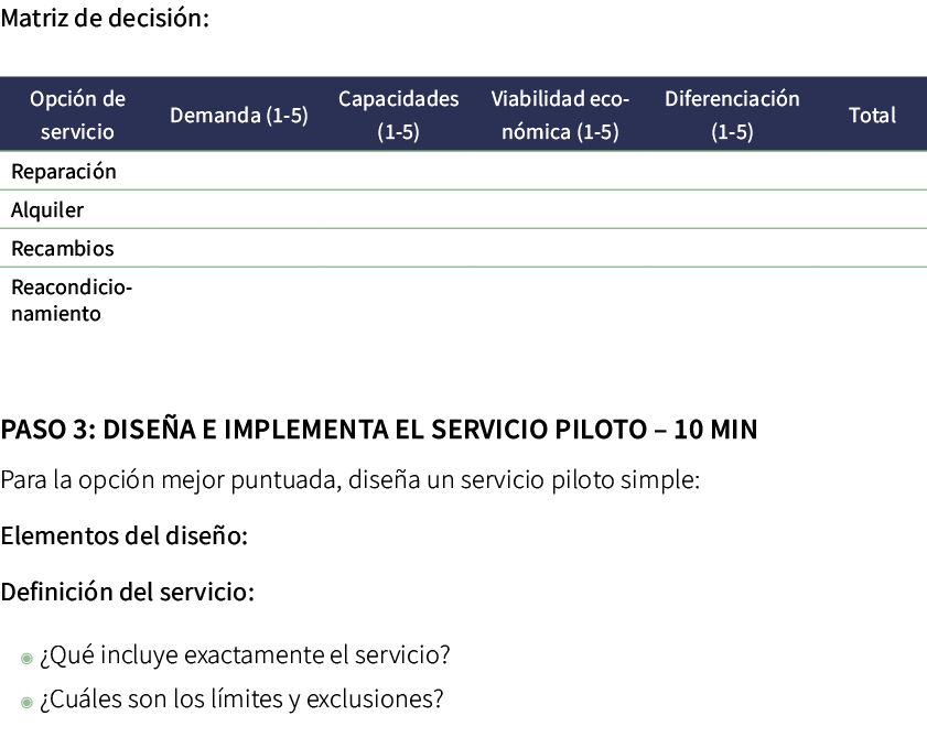 Matriz de decisi n: ﻿ ﻿Paso 3: Dise a e implementa el servicio piloto – 10 min Para la opci n mejor puntuada, dise a ...