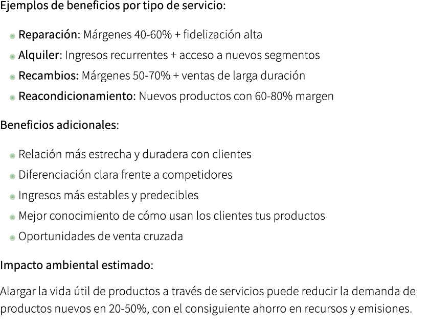 Ejemplos de beneficios por tipo de servicio: ◉ Reparaci n: M rgenes 40 60% + fidelizaci n alta ◉ Alquiler: Ingresos r...
