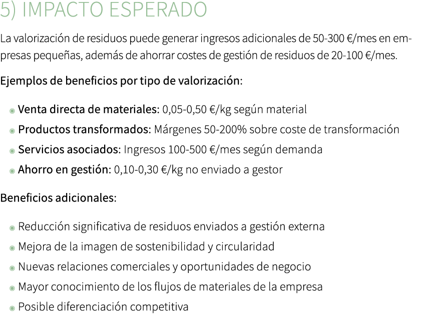 5) Impacto esperado La valorizaci n de residuos puede generar ingresos adicionales de 50 300 €/mes en empresas peque ...