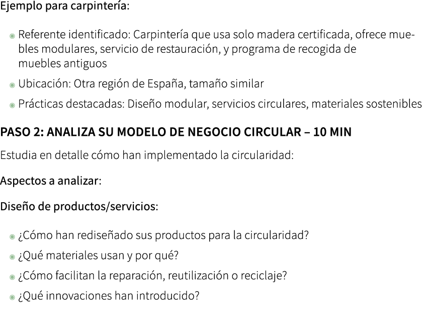 Ejemplo para carpinter a: ◉ Referente identificado: Carpinter a que usa solo madera certificada, ofrece muebles modul...