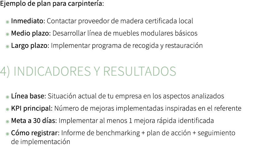Ejemplo de plan para carpinter a: ◉ Inmediato: Contactar proveedor de madera certificada local ◉ Medio plazo: Desarro...