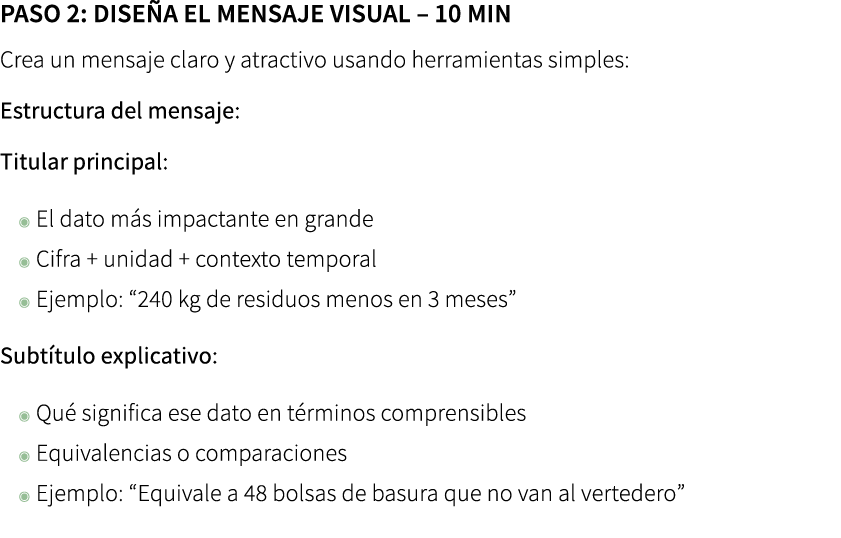 Paso 2: Dise a el mensaje visual – 10 min Crea un mensaje claro y atractivo usando herramientas simples: Estructura ...