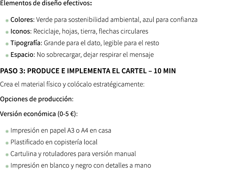 Elementos de dise o efectivos: ◉ Colores: Verde para sostenibilidad ambiental, azul para confianza ◉ Iconos: Reciclaj...