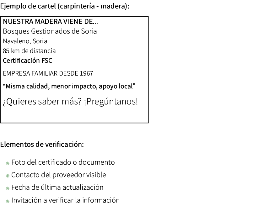 Ejemplo de cartel (carpinter a madera): Elementos de verificaci n: ◉ Foto del certificado o documento ◉ Contacto del ...