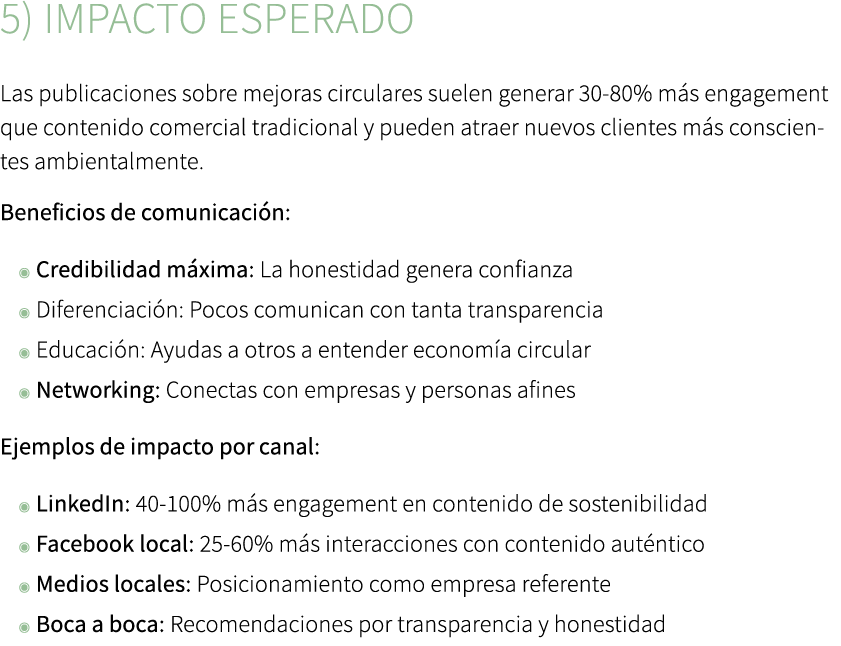 5) Impacto esperado Las publicaciones sobre mejoras circulares suelen generar 30 80% m s engagement que contenido com...