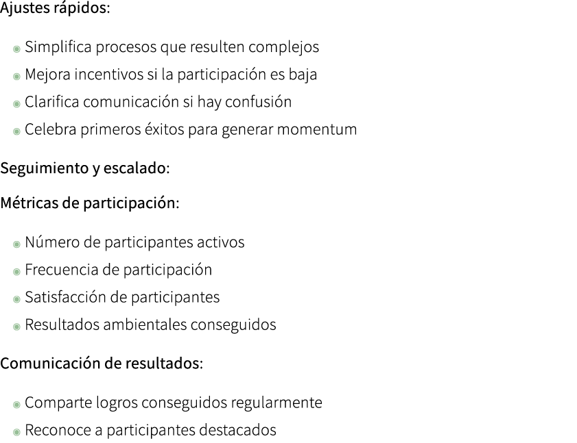 Ajustes r pidos: ◉ Simplifica procesos que resulten complejos ◉ Mejora incentivos si la participaci n es baja ◉ Clari...