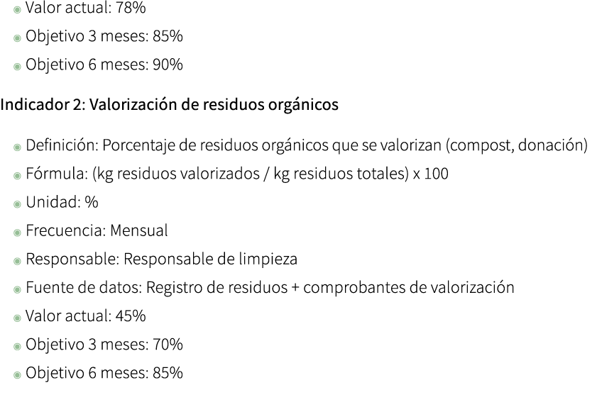 ◉ Valor actual: 78% ◉ Objetivo 3 meses: 85% ◉ Objetivo 6 meses: 90% Indicador 2: Valorizaci n de residuos org nicos ◉...