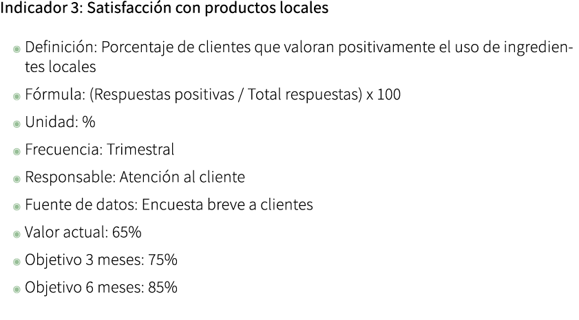 Indicador 3: Satisfacci n con productos locales ◉ Definici n: Porcentaje de clientes que valoran positivamente el uso...