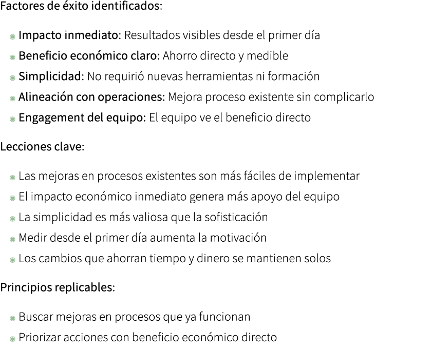 Factores de xito identificados: ◉ Impacto inmediato: Resultados visibles desde el primer d a ◉ Beneficio econ mico c...
