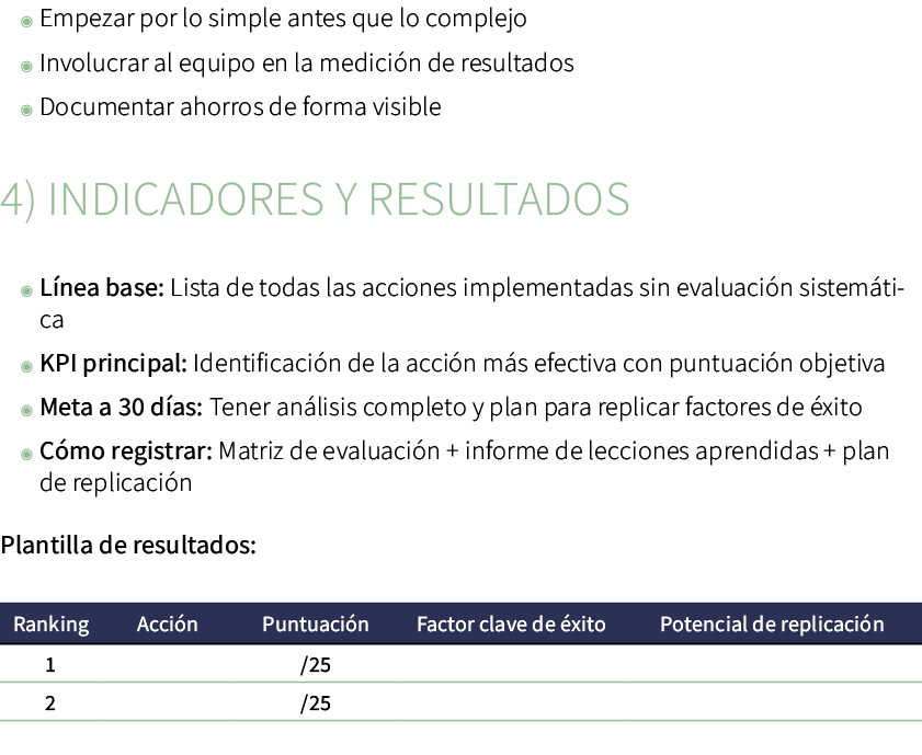 ◉ Empezar por lo simple antes que lo complejo ◉ Involucrar al equipo en la medici n de resultados ◉ Documentar ahorro...