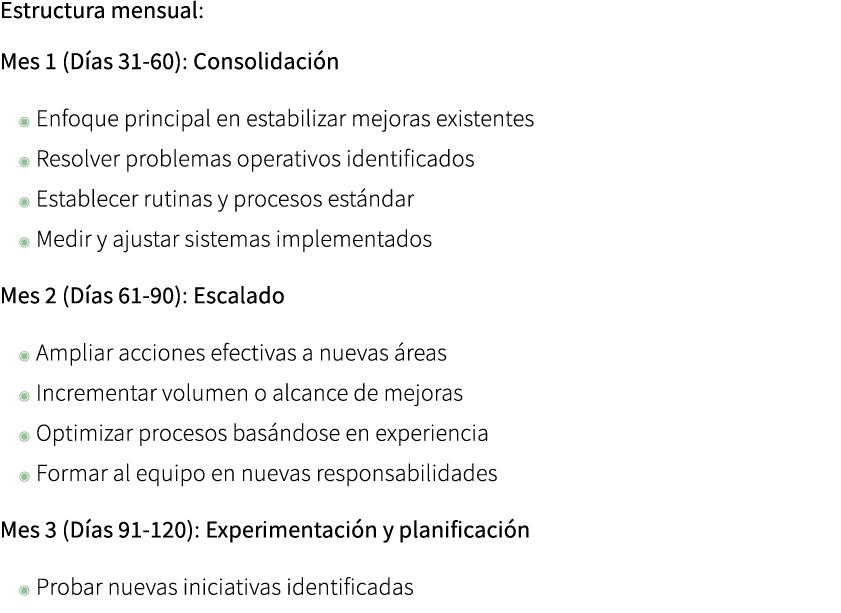 Estructura mensual: Mes 1 (D as 31 60): Consolidaci n ◉ Enfoque principal en estabilizar mejoras existentes ◉ Resolve...