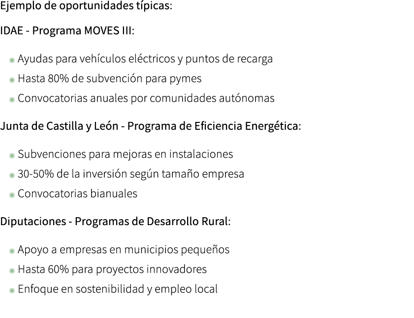 Ejemplo de oportunidades t picas: IDAE Programa MOVES III: ◉ Ayudas para veh culos el ctricos y puntos de recarga ◉ H...