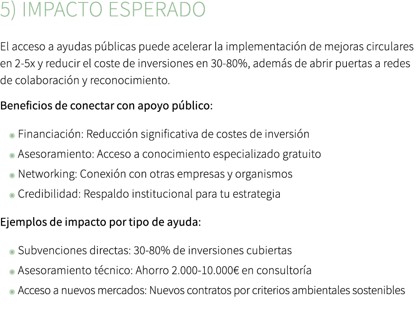 5) Impacto esperado El acceso a ayudas p blicas puede acelerar la implementaci n de mejoras circulares en 2 5x y redu...
