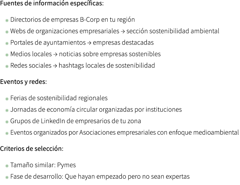 Fuentes de informaci n espec ficas: ◉ Directorios de empresas B Corp en tu regi n ◉ Webs de organizaciones empresaria...