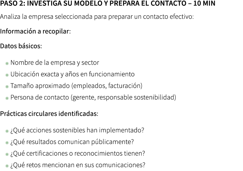 Paso 2: Investiga su modelo y prepara el contacto – 10 min Analiza la empresa seleccionada para preparar un contacto...